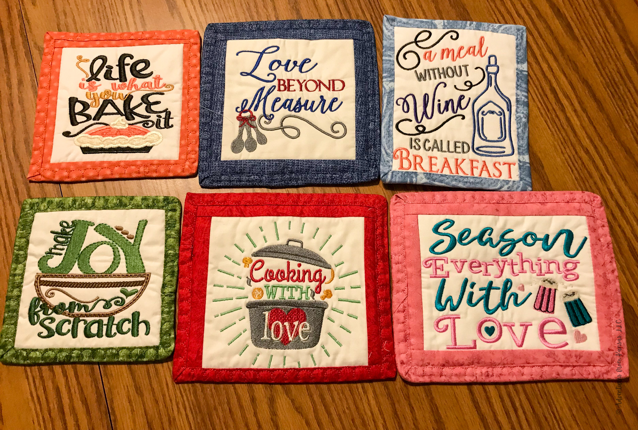 6 kitchen trivets made with machine embroidery