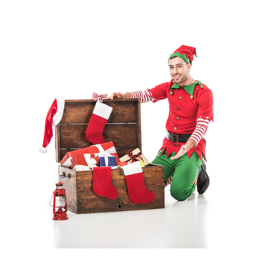 elf with chest of toys and stockings