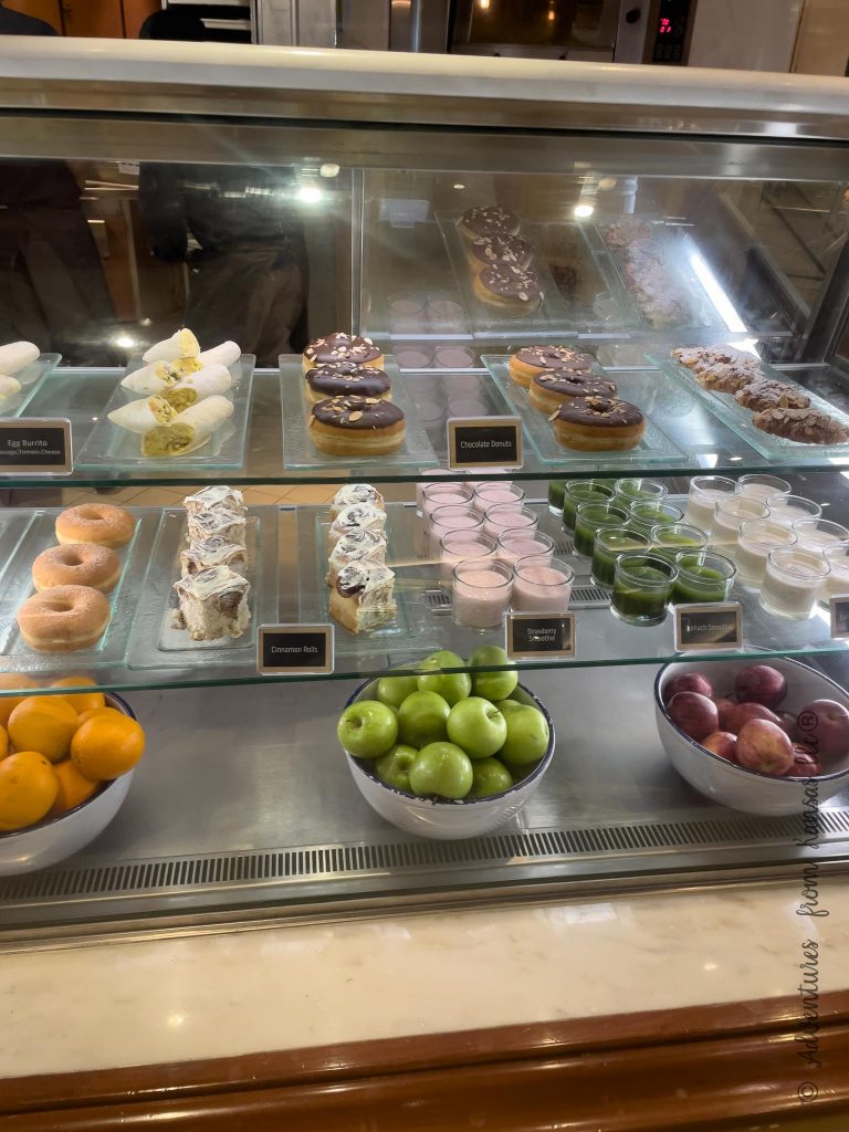 breakfast smoothies, donuts, egg burritos, and fruit at international cafe  food on regal princess