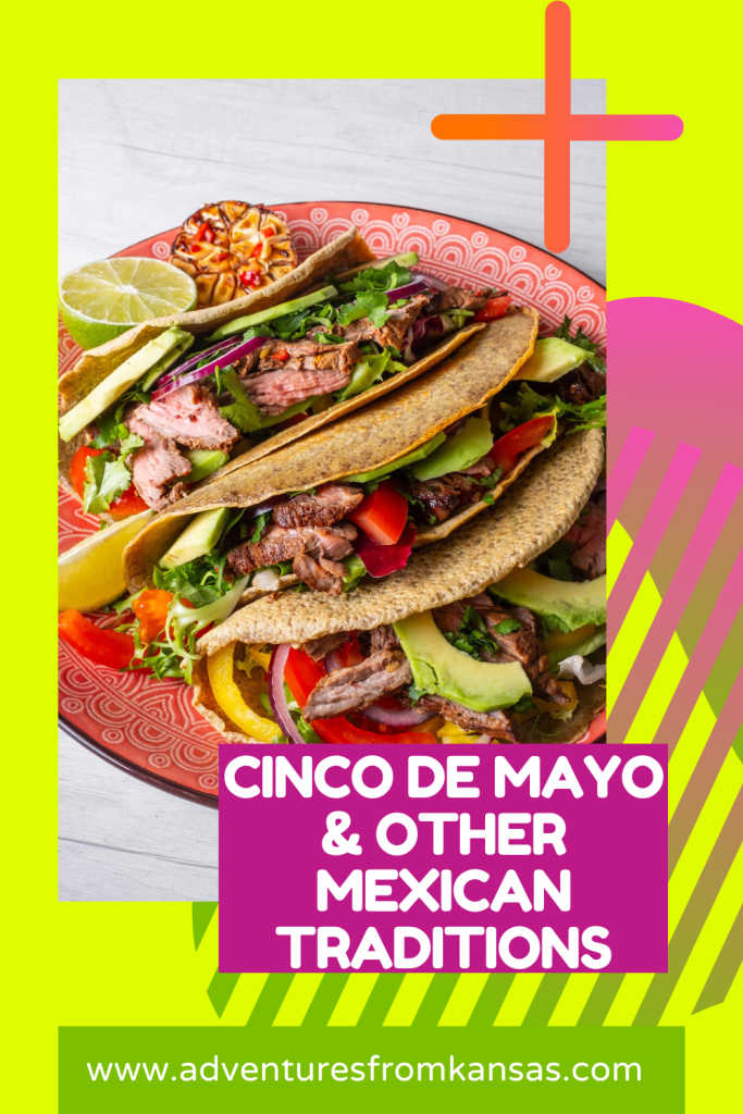 Mexican Tacos on Pinterest Pin with Cinco de Mayo and Mexican Traditions in neon yellow, pinks, and greens