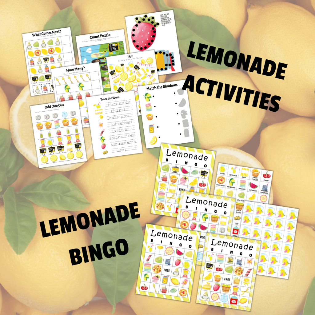 lemonade bingo and activity pack words with pictures of both packs with lemons int eh background