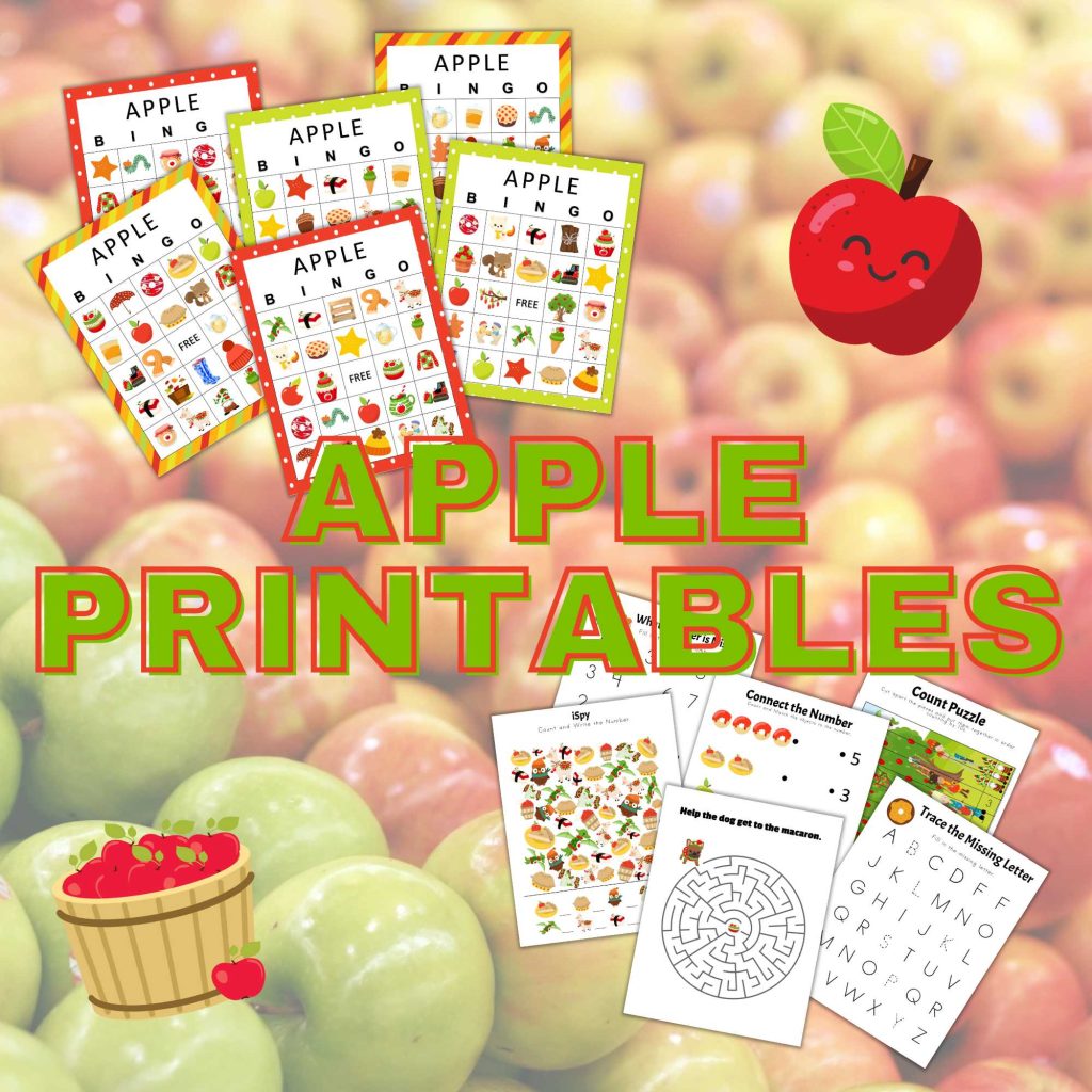 apple background with apple clipart, words say apple printables and show images of Apple Bingo and Apple Worksheets for pre-k to 2nd shown