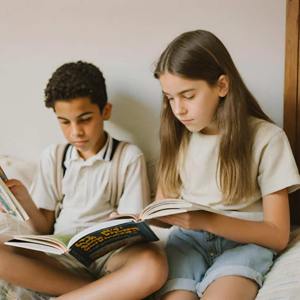 tweens a boy and girl sitting on the floor reading books. 